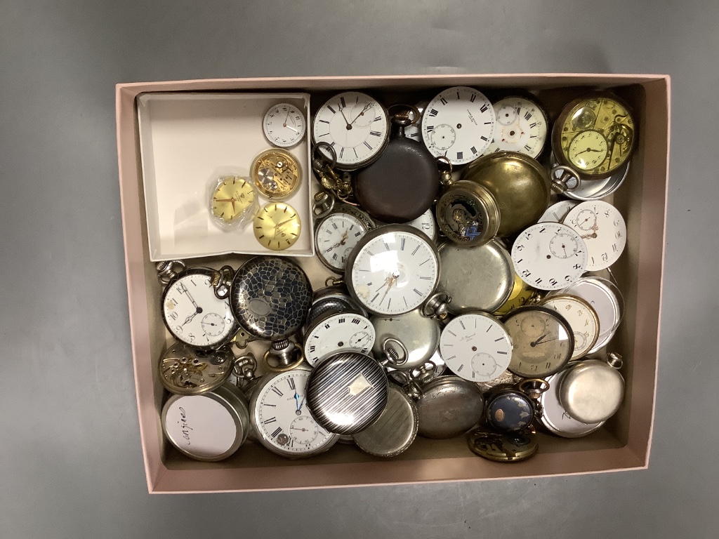 A collection of assorted base metal pocket watches and movements including Zenith & Longines, three Jules Jurgensen wrist watches movements and a similar Vacheron & Constantin movement (mainly a.f.)